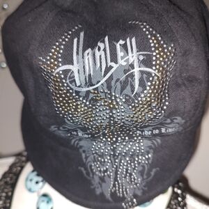 Harley Davidson Ladies Black Cotton Small Brimmed Hat with Embellished Eagle EUC